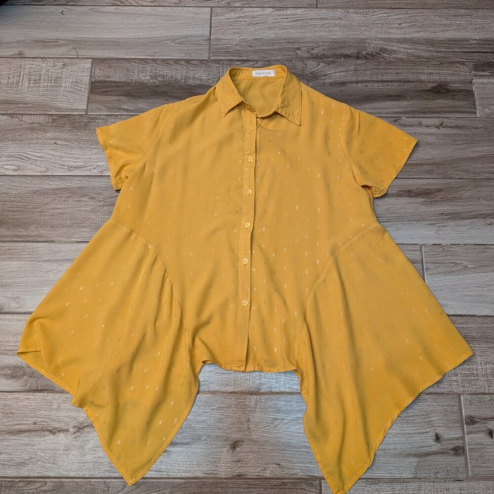 Solitaire Mustard Yellow Asymmetrical Button Down Shirt Metallic Dots